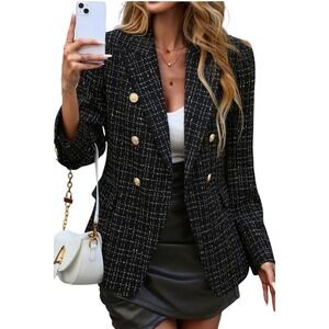 Elleven NWT SZ LGE Black Gold Plaid Double Breasted Blazer Jacket